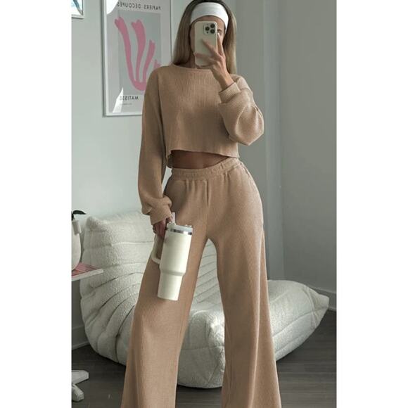 Tori 2 Piece Waffle Pants Set in Camel | Size Small | Chicgenes - Picture 1 of 6